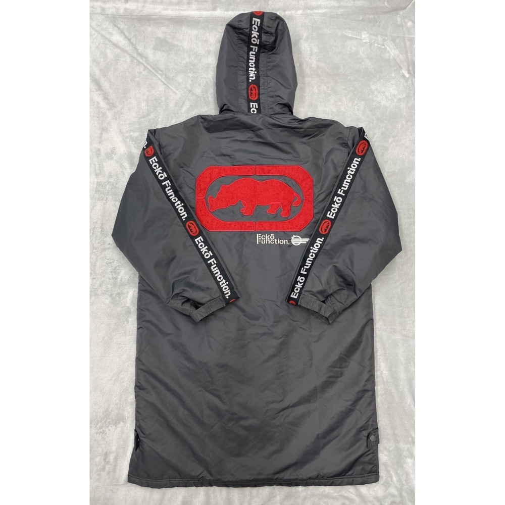 Y2K Ecko Function Bench Coat Men L Gray Long Jacket Sherpa Lined Big Logo Rhino